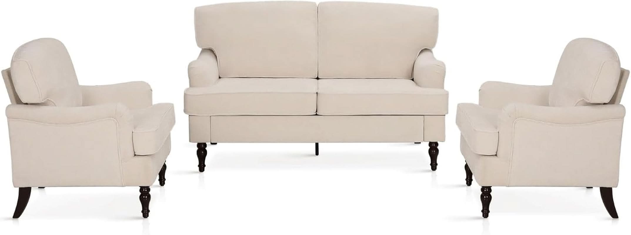 Three Piece Living Room Furniture Set With Linen Fabric Loveseat And Two Accent Chairs Off White