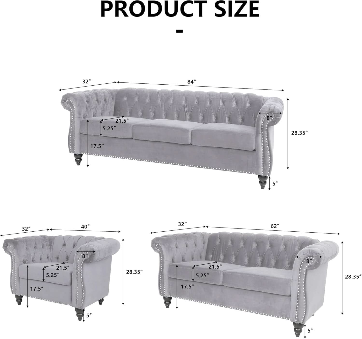 Three Piece Living Room Sofa Set Grey Velvet Chesterfield Sofa Club Chair Loveseat Nailhead Trim