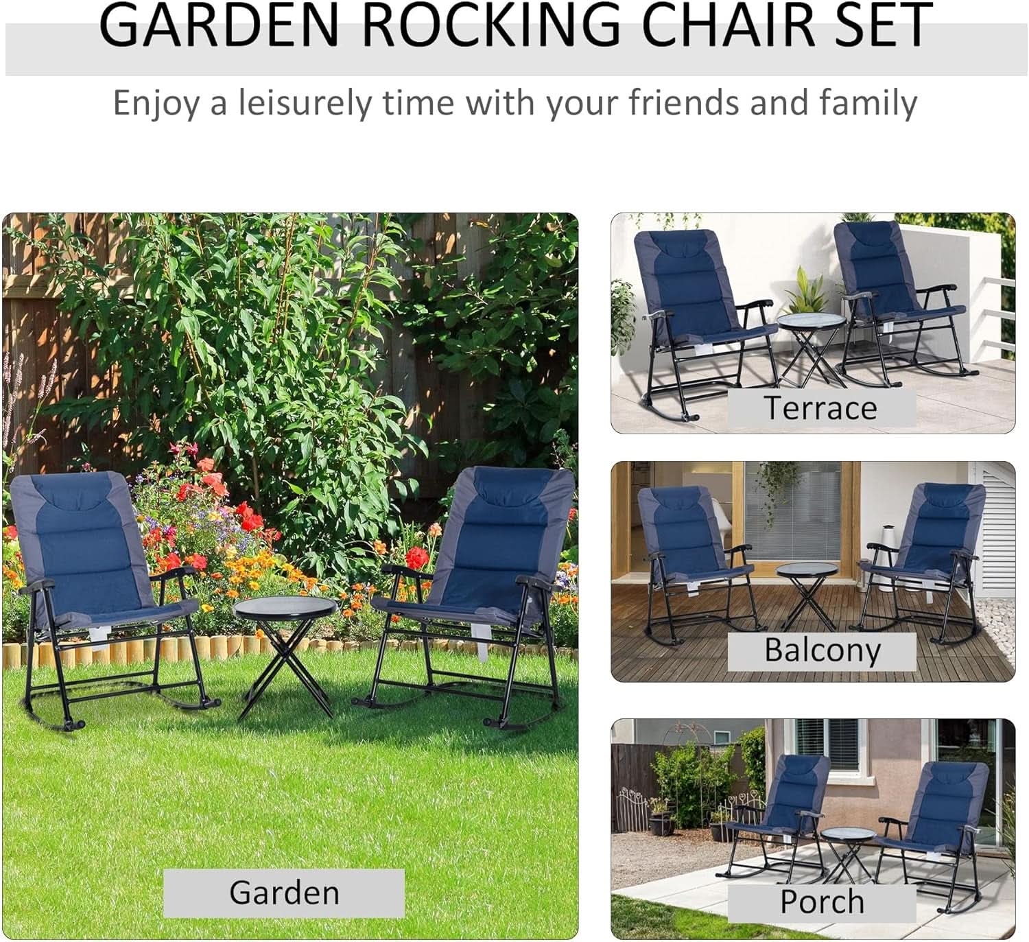 Three Piece Outdoor Patio Furniture Set With Glass Coffee Table And Two Folding Padded Rocking Chairs Navy Blue