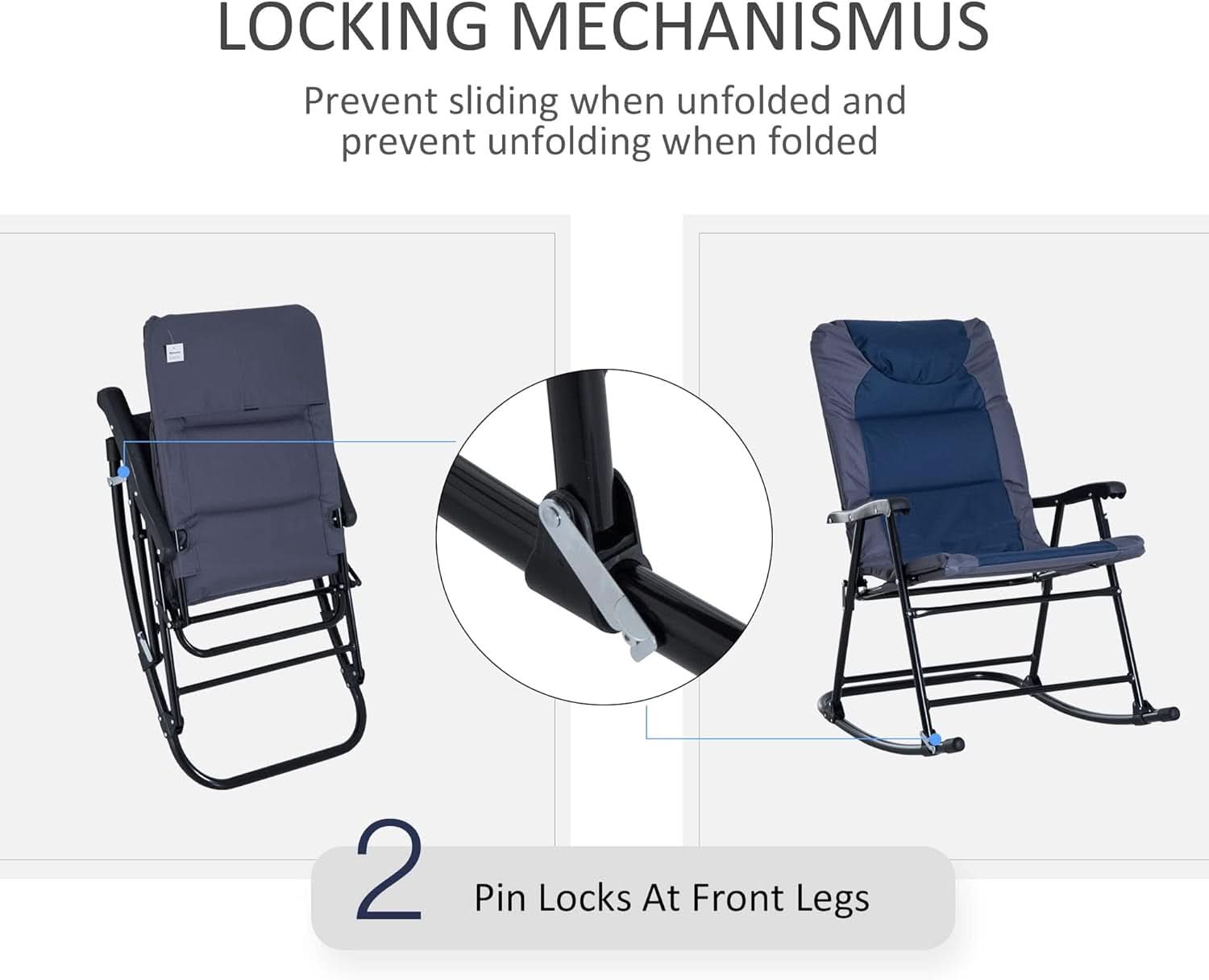 Three Piece Outdoor Patio Furniture Set With Glass Coffee Table And Two Folding Padded Rocking Chairs Navy Blue