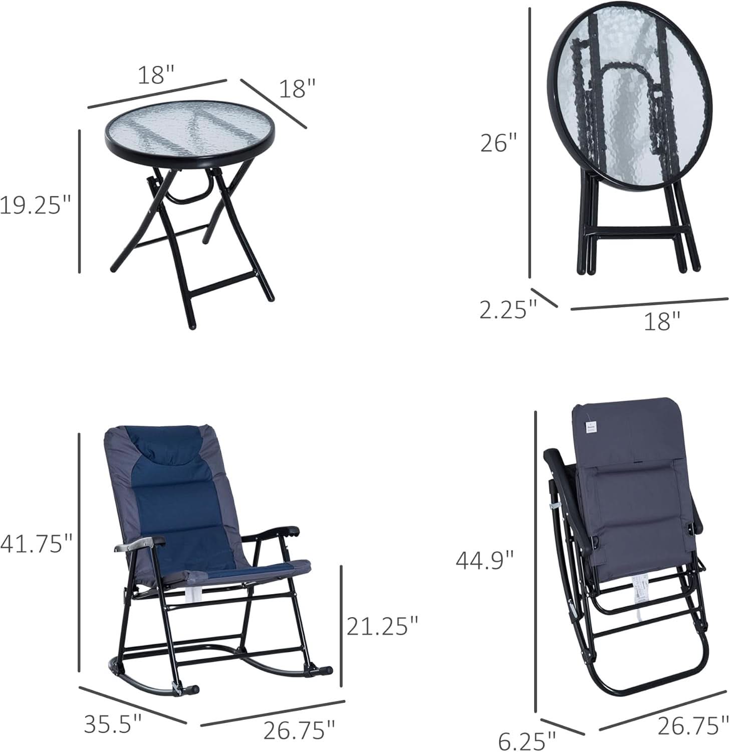 Three Piece Outdoor Patio Furniture Set With Glass Coffee Table And Two Folding Padded Rocking Chairs Navy Blue