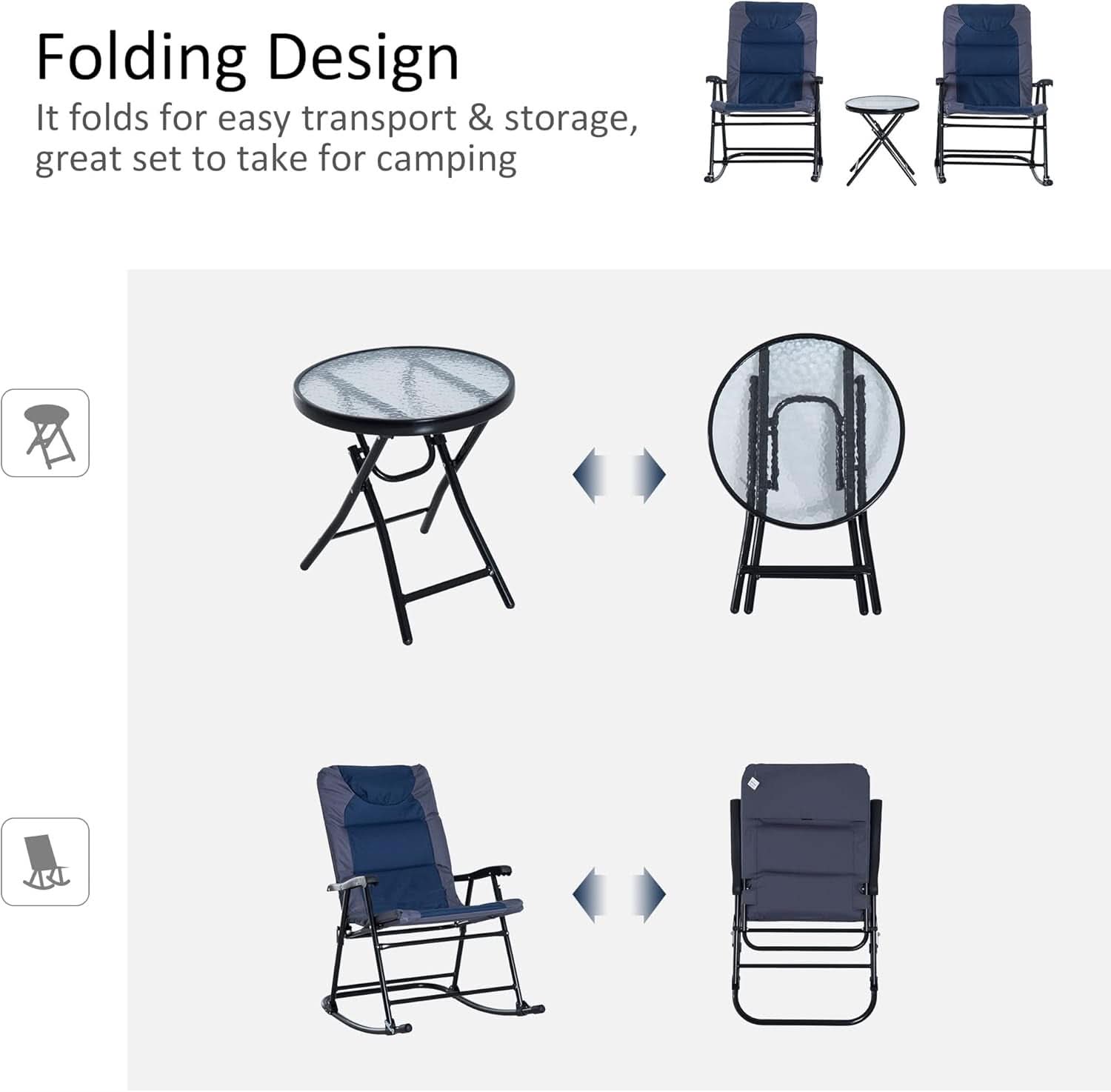 Three Piece Outdoor Patio Furniture Set With Glass Coffee Table And Two Folding Padded Rocking Chairs Navy Blue