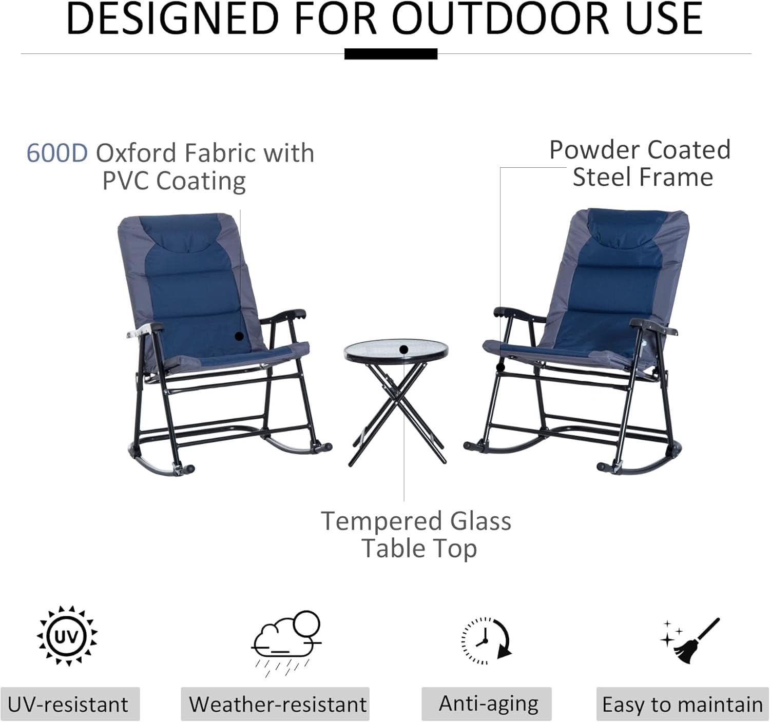 Three Piece Outdoor Patio Furniture Set With Glass Coffee Table And Two Folding Padded Rocking Chairs Navy Blue