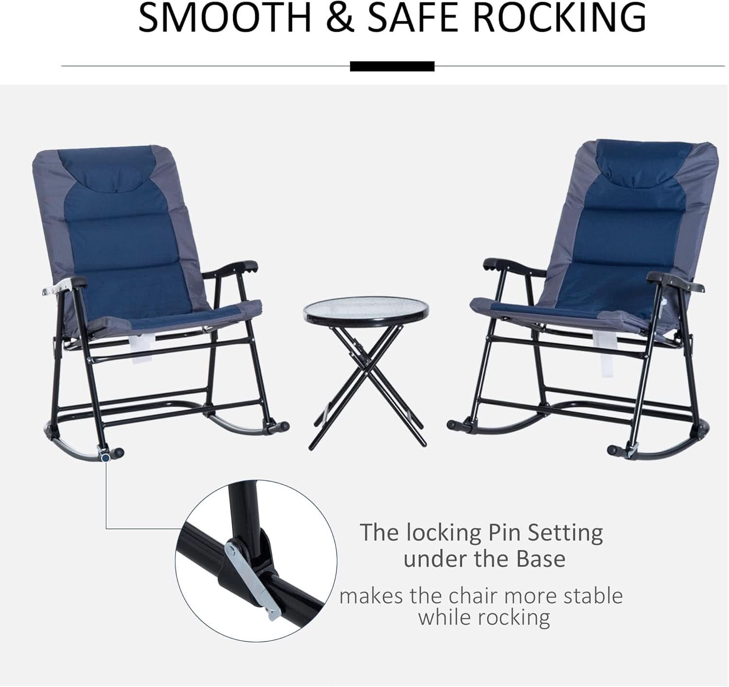 Three Piece Outdoor Patio Furniture Set With Glass Coffee Table And Two Folding Padded Rocking Chairs Navy Blue