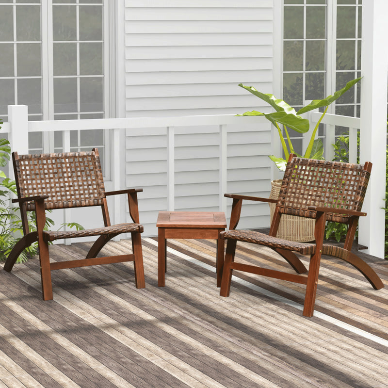 Three Piece Outdoor Wooden Patio Rattan Furniture Set With Natural Wood Finish And Weather Resistant Frame