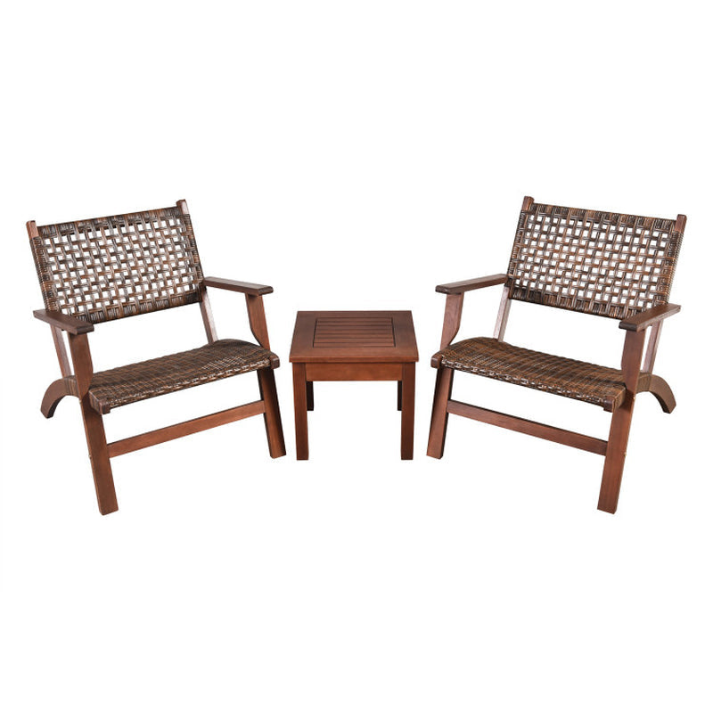 Three Piece Outdoor Wooden Patio Rattan Furniture Set With Natural Wood Finish And Weather Resistant Frame