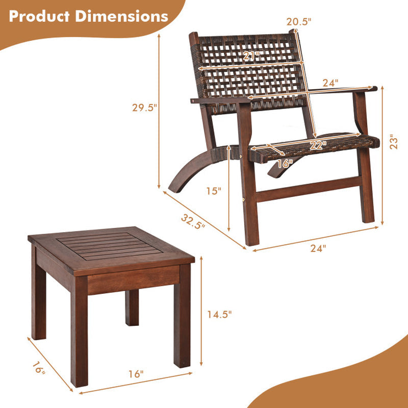 Three Piece Outdoor Wooden Patio Rattan Furniture Set With Natural Wood Finish And Weather Resistant Frame