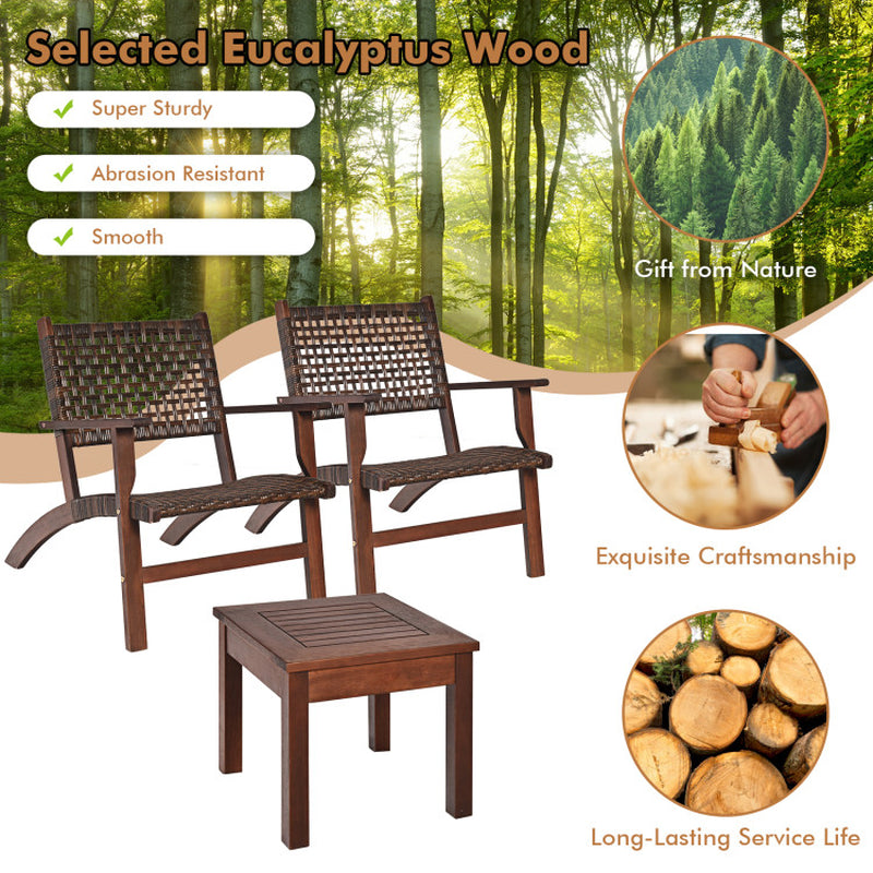 Three Piece Outdoor Wooden Patio Rattan Furniture Set With Natural Wood Finish And Weather Resistant Frame