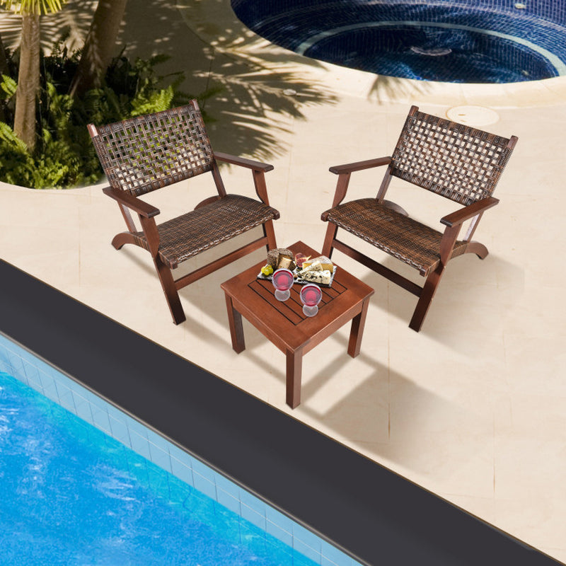 Three Piece Outdoor Wooden Patio Rattan Furniture Set With Natural Wood Finish And Weather Resistant Frame