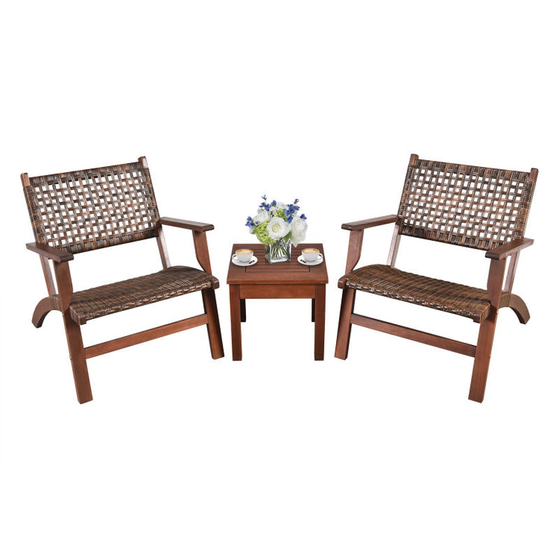 Three Piece Outdoor Wooden Patio Rattan Furniture Set With Natural Wood Finish And Weather Resistant Frame