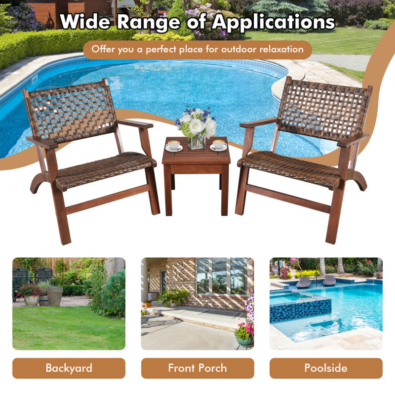 Three Piece Outdoor Wooden Patio Rattan Furniture Set With Natural Wood Finish And Weather Resistant Frame