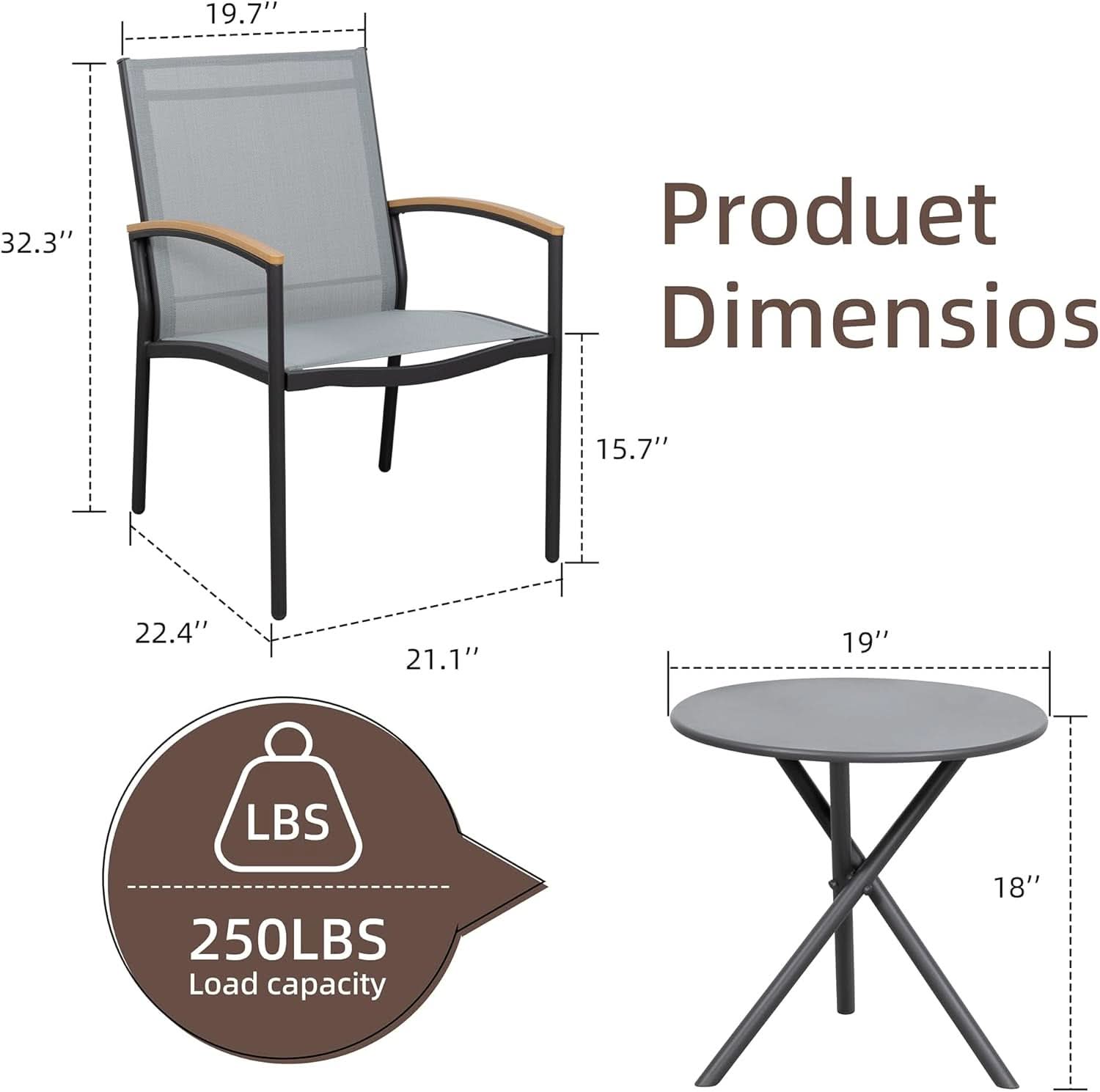 Three Piece Patio Bistro Set With Textilene Fabric Chairs And Table Grey Outdoor Furniture Set