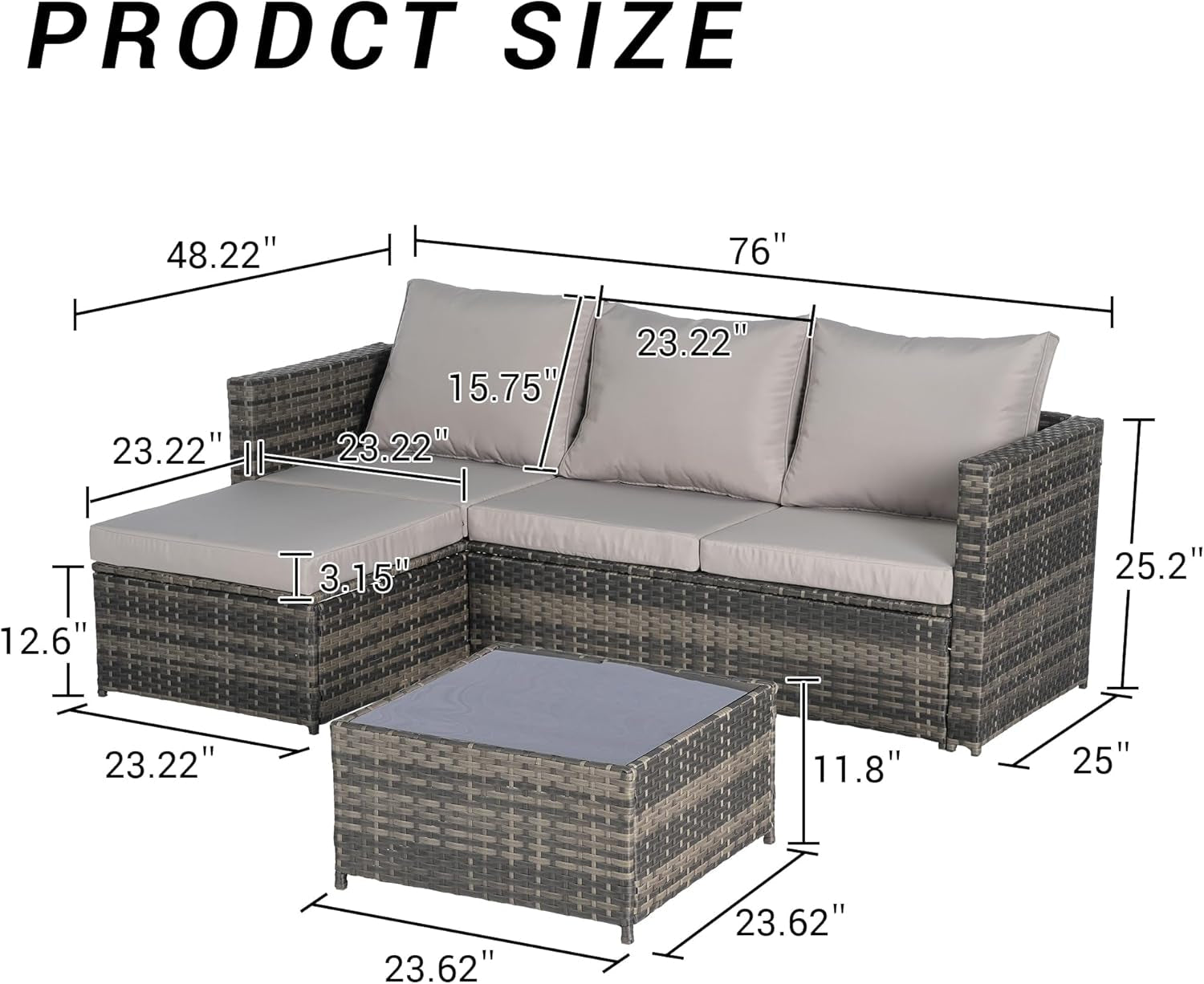Three Piece Patio Furniture Set Light Gray All Weather Wicker With Cushions And Glass Table