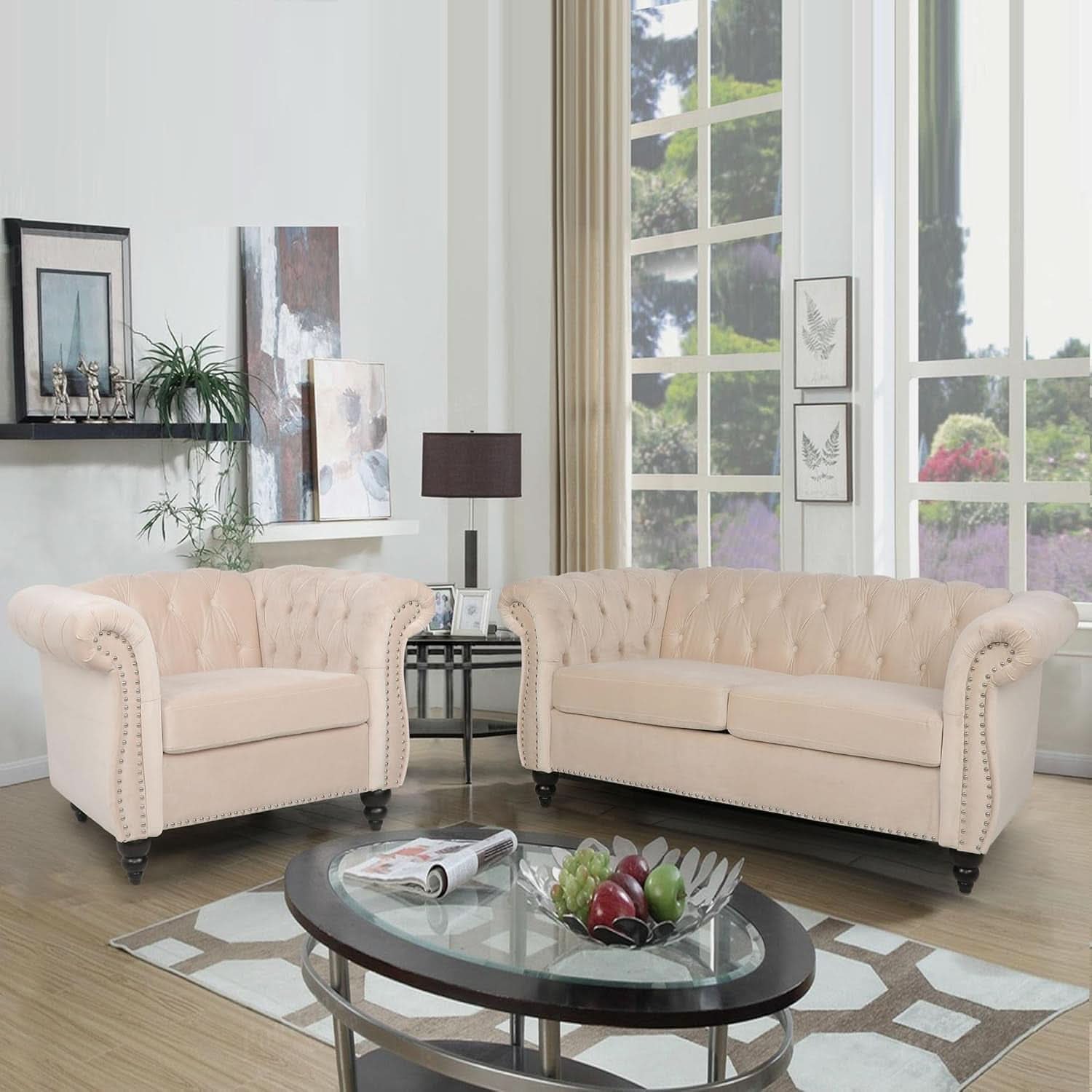 Three Piece Velvet Chesterfield Living Room Sofa Set Beige With Club Chair And Loveseat