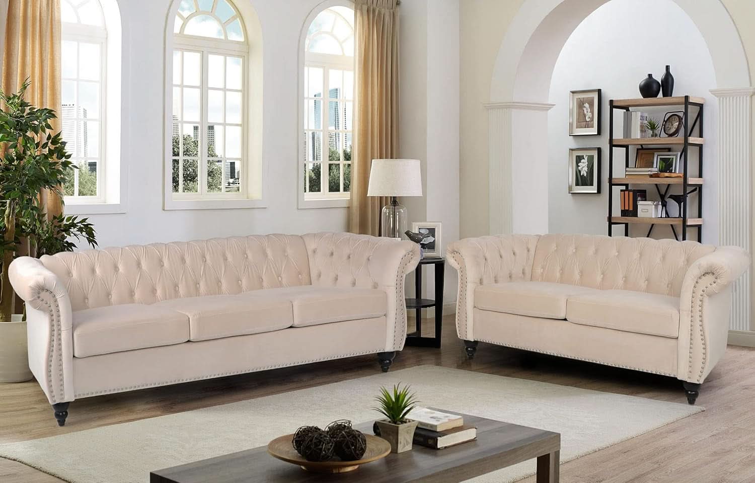Three Piece Velvet Chesterfield Living Room Sofa Set Beige With Club Chair And Loveseat