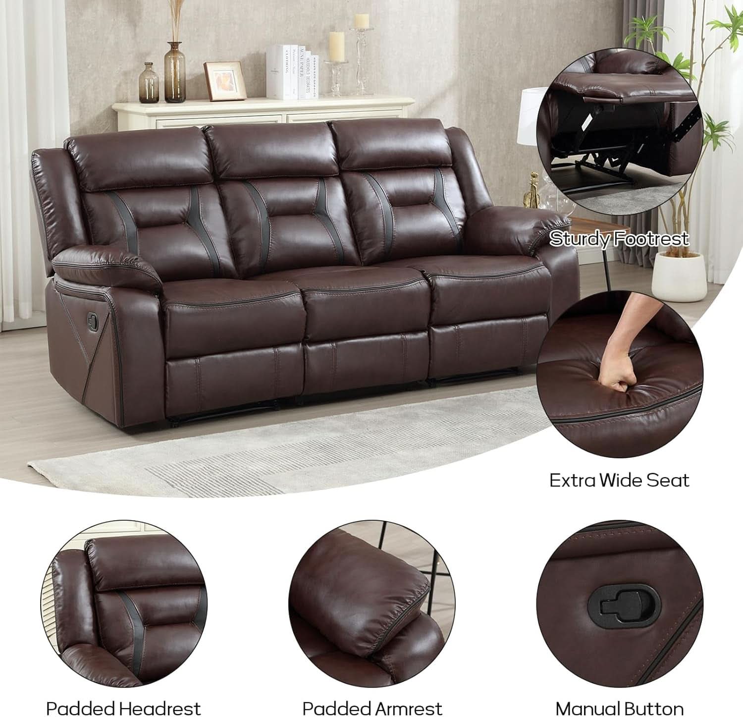 Three Seat Manual Reclining Sofa Dark Brown Faux Leather