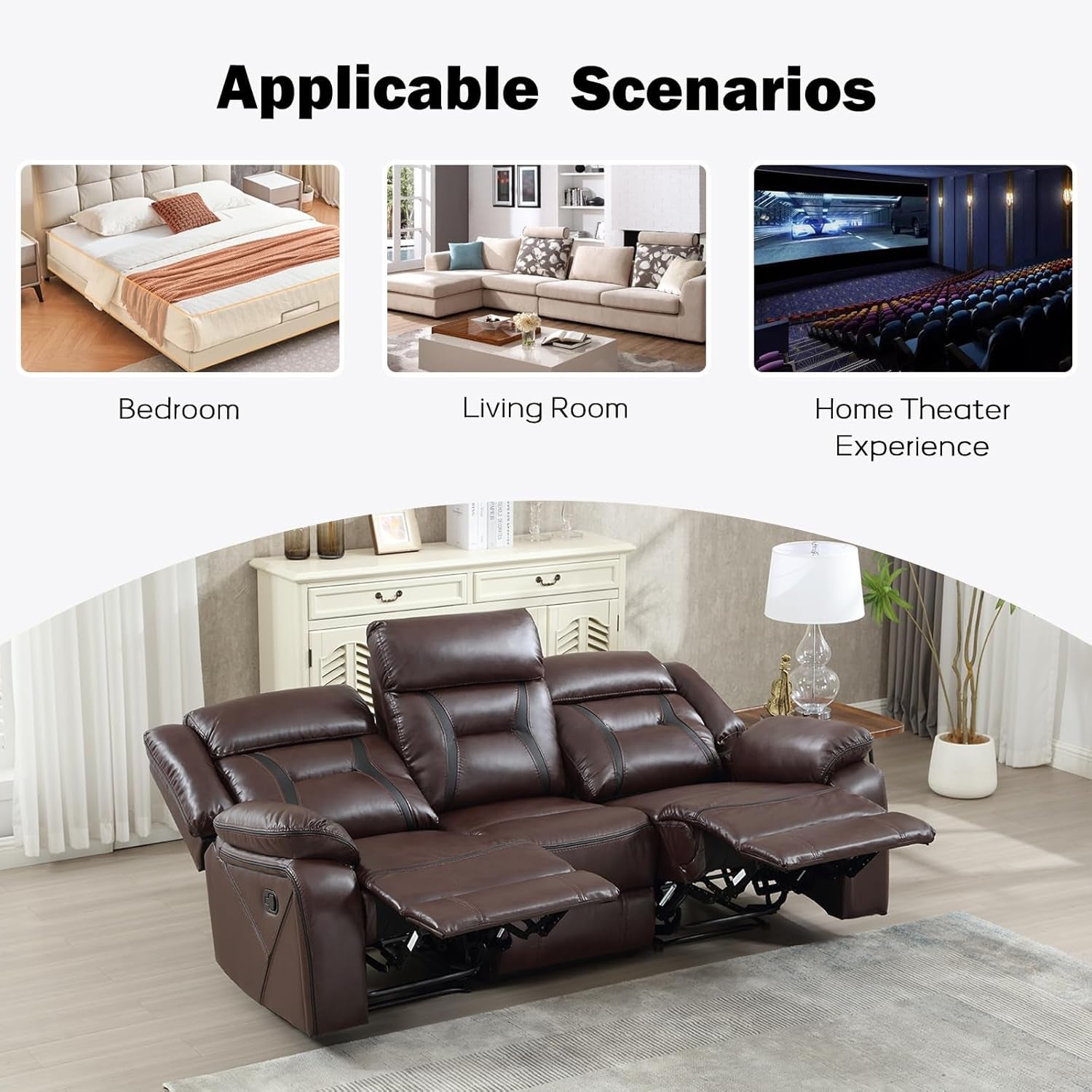 Three Seat Manual Reclining Sofa Dark Brown Faux Leather