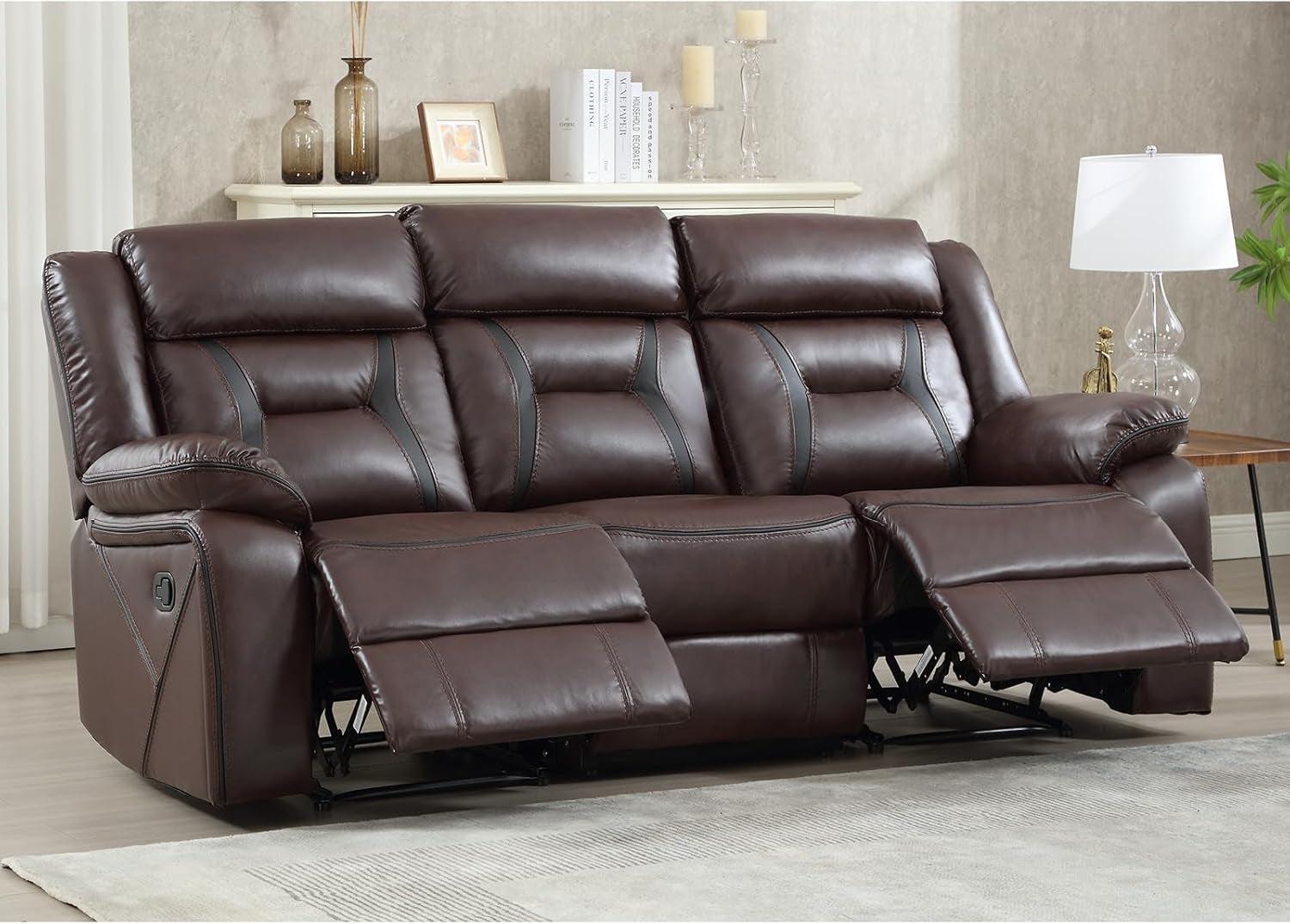 Three Seat Manual Reclining Sofa Dark Brown Faux Leather