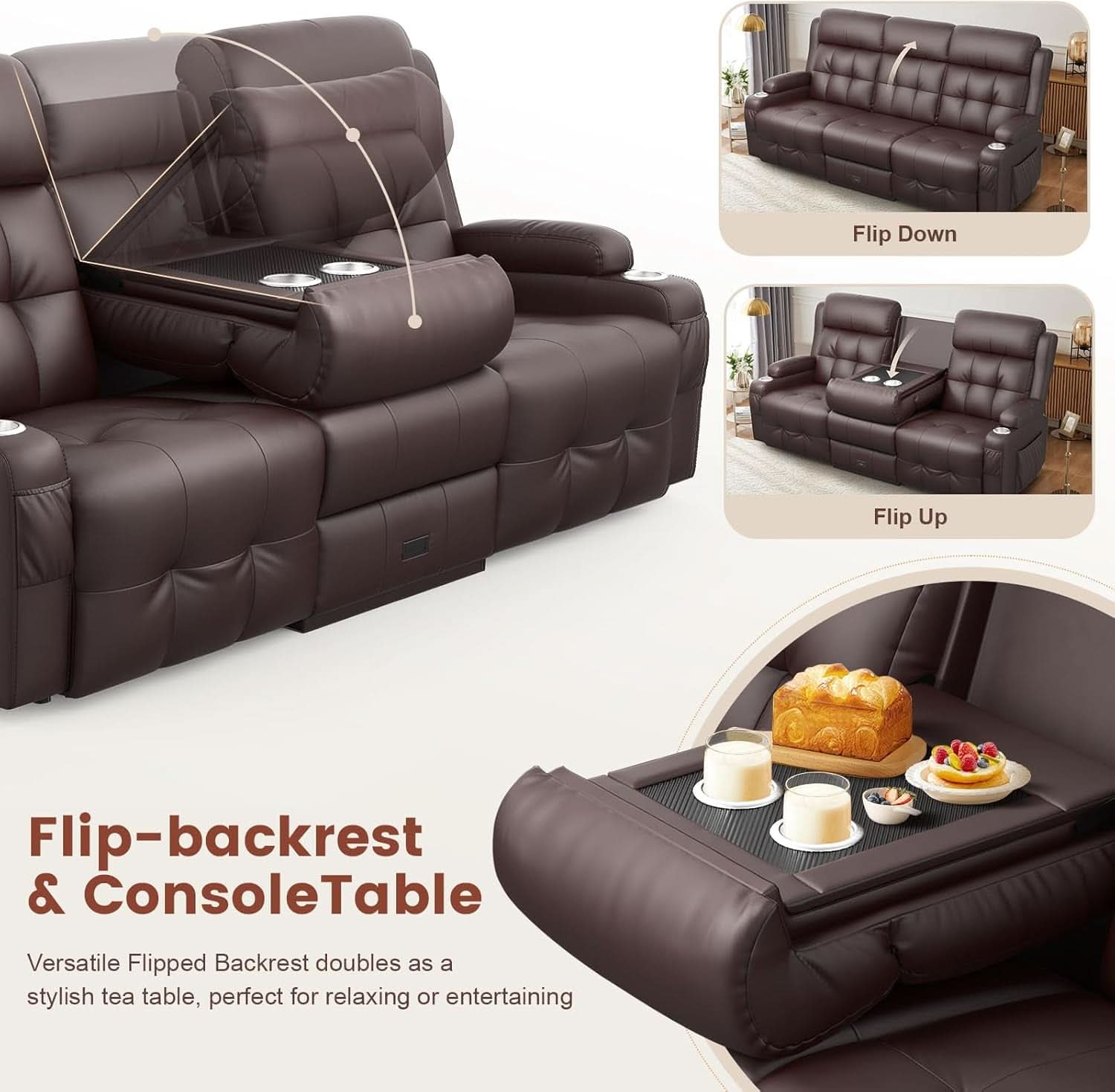 Three Seater Recliner Sofa With Flip Back Table PU Leather