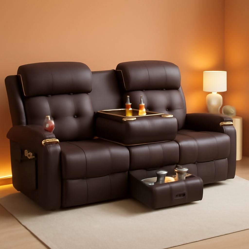 Three Seater Recliner Sofa With Flip Back Table PU Leather