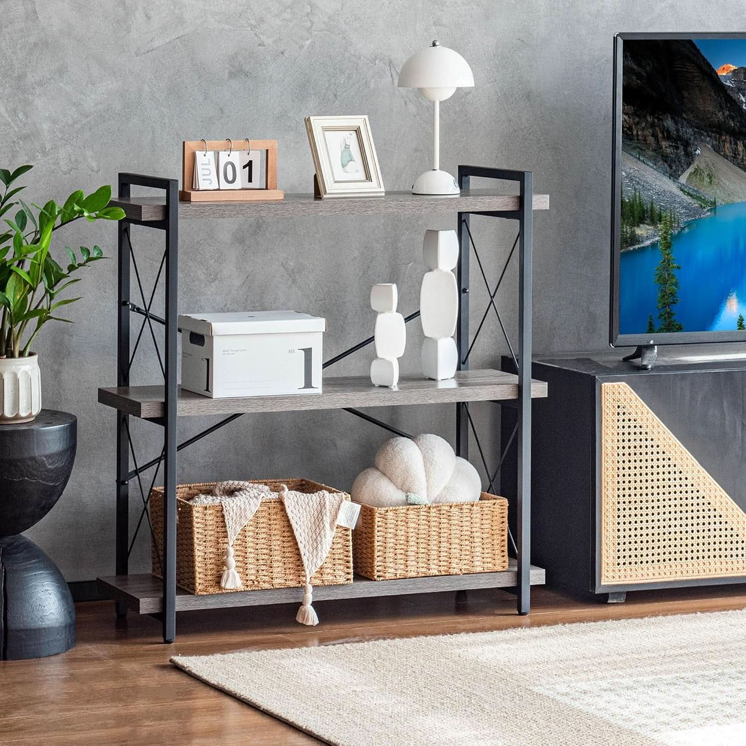 Three Tier Industrial Bookshelf With Rustic Open Metal Frame