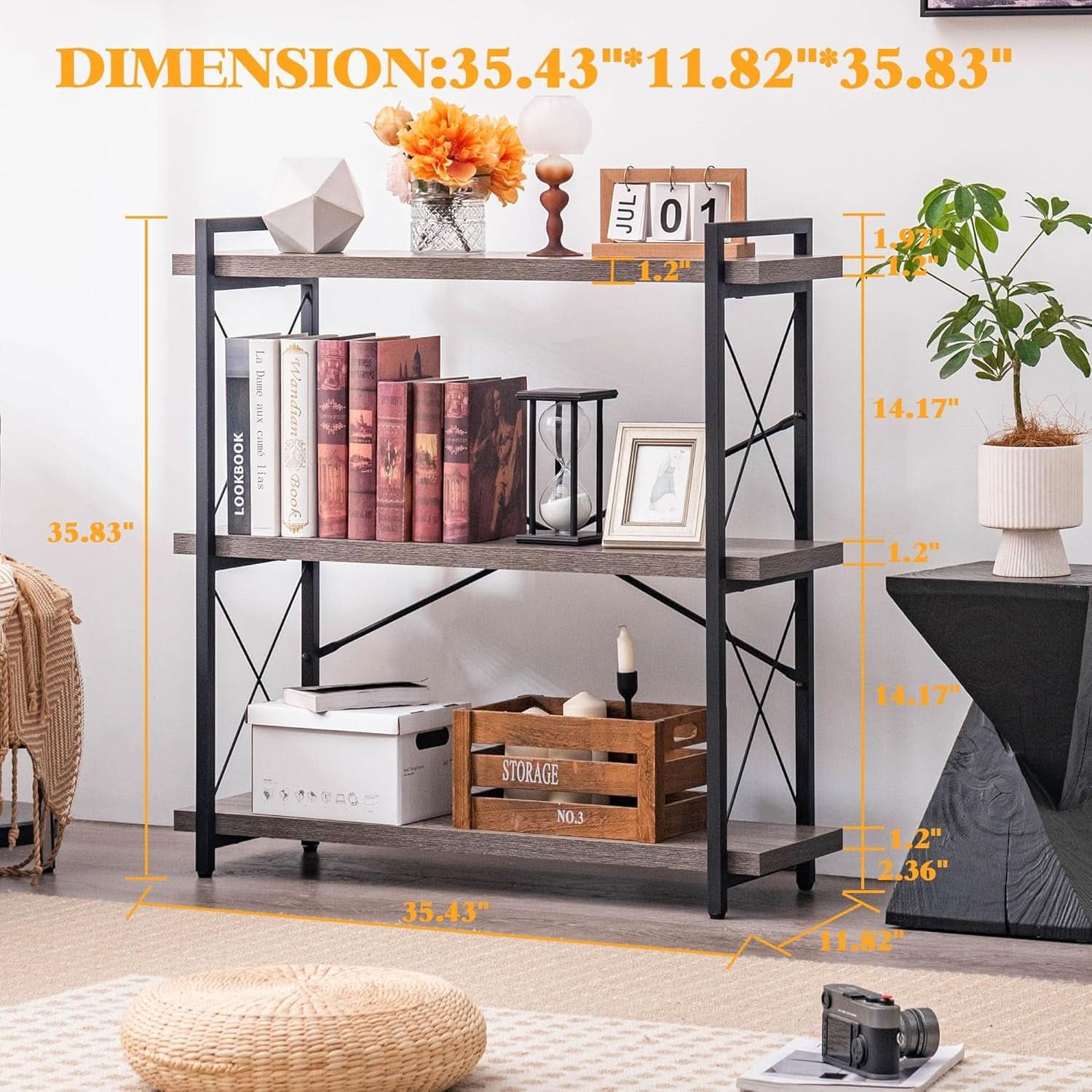 Three Tier Industrial Bookshelf With Rustic Open Metal Frame