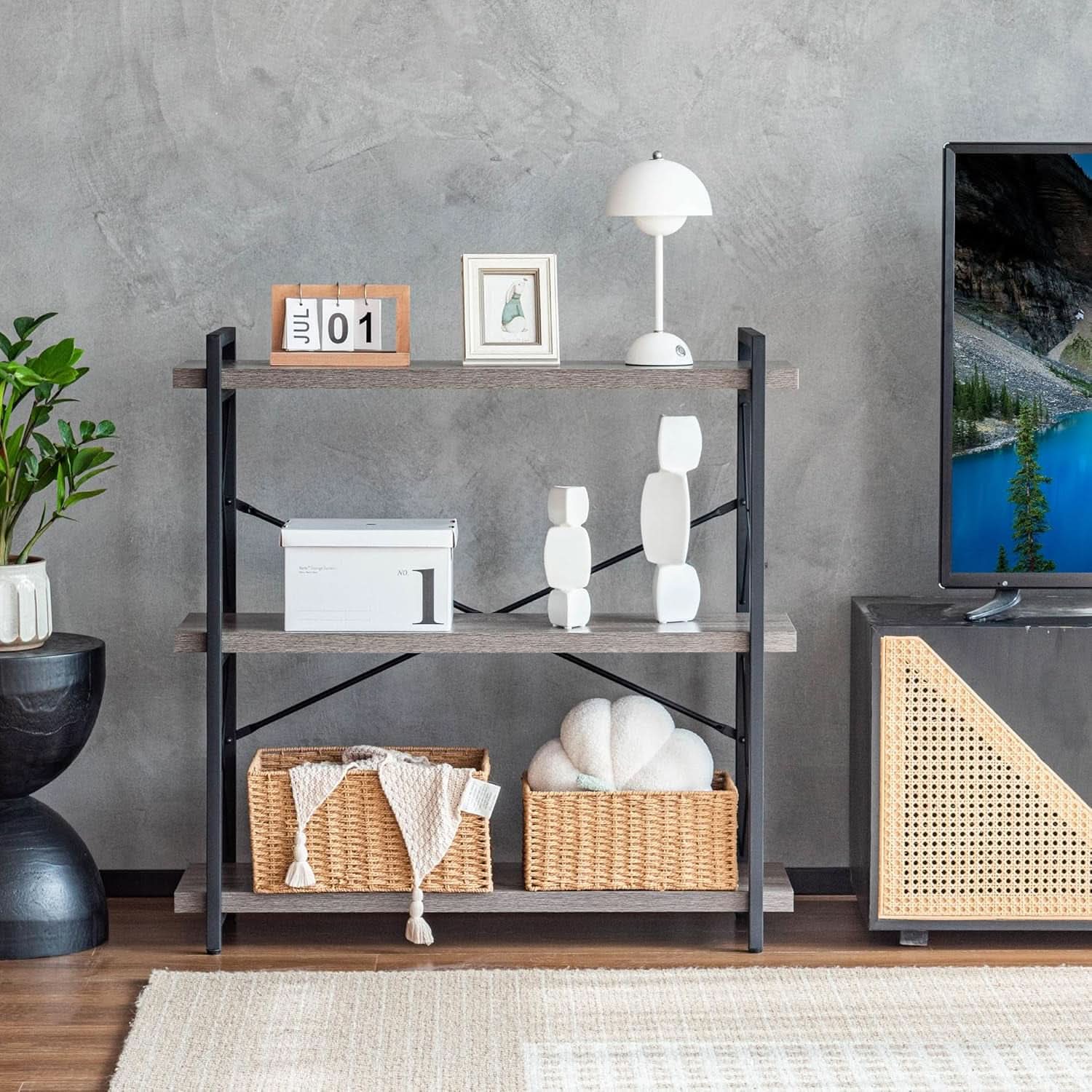 Three Tier Industrial Bookshelf With Rustic Open Metal Frame