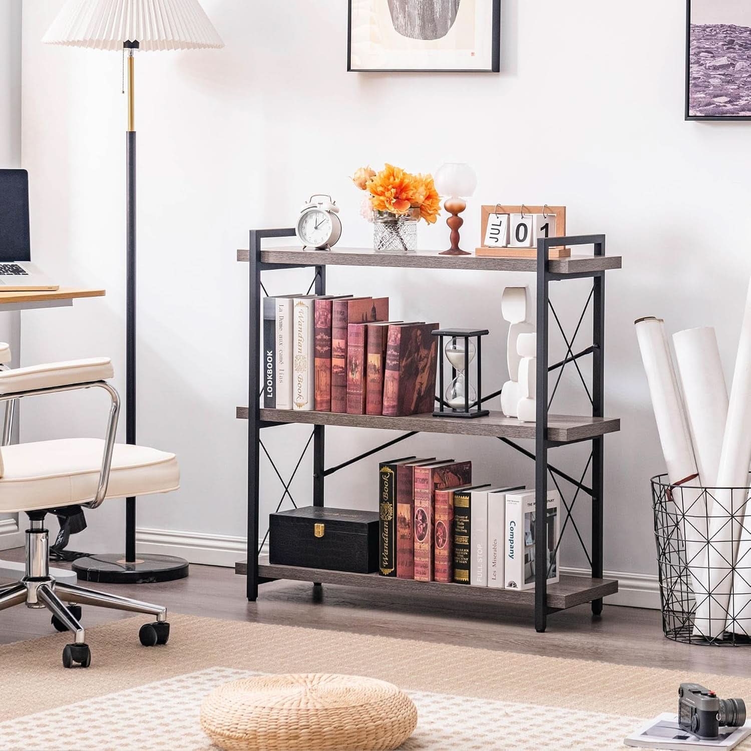 Three Tier Industrial Bookshelf With Rustic Open Metal Frame