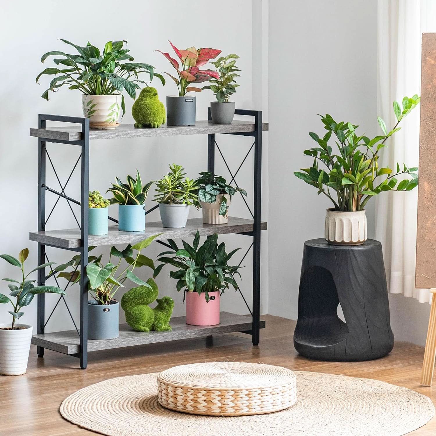 Three Tier Industrial Bookshelf With Rustic Open Metal Frame