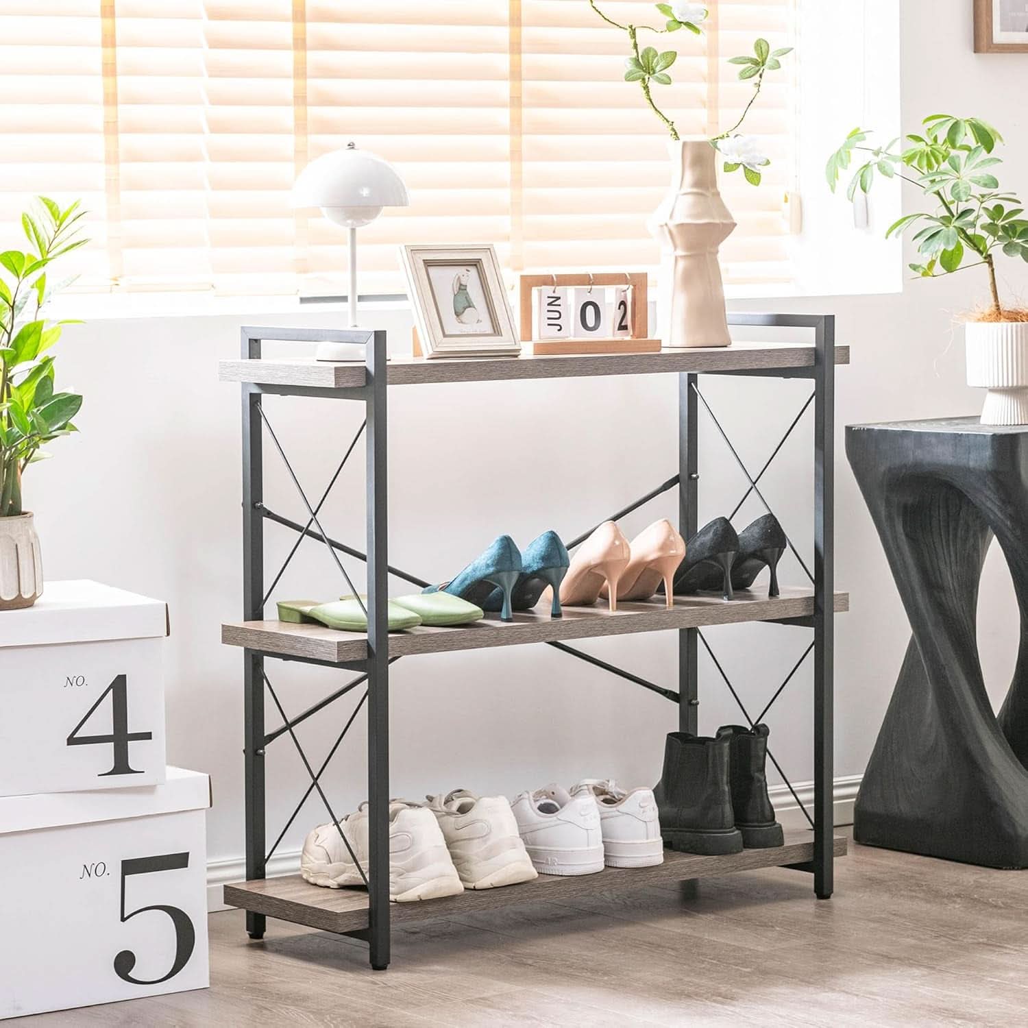 Three Tier Industrial Bookshelf With Rustic Open Metal Frame