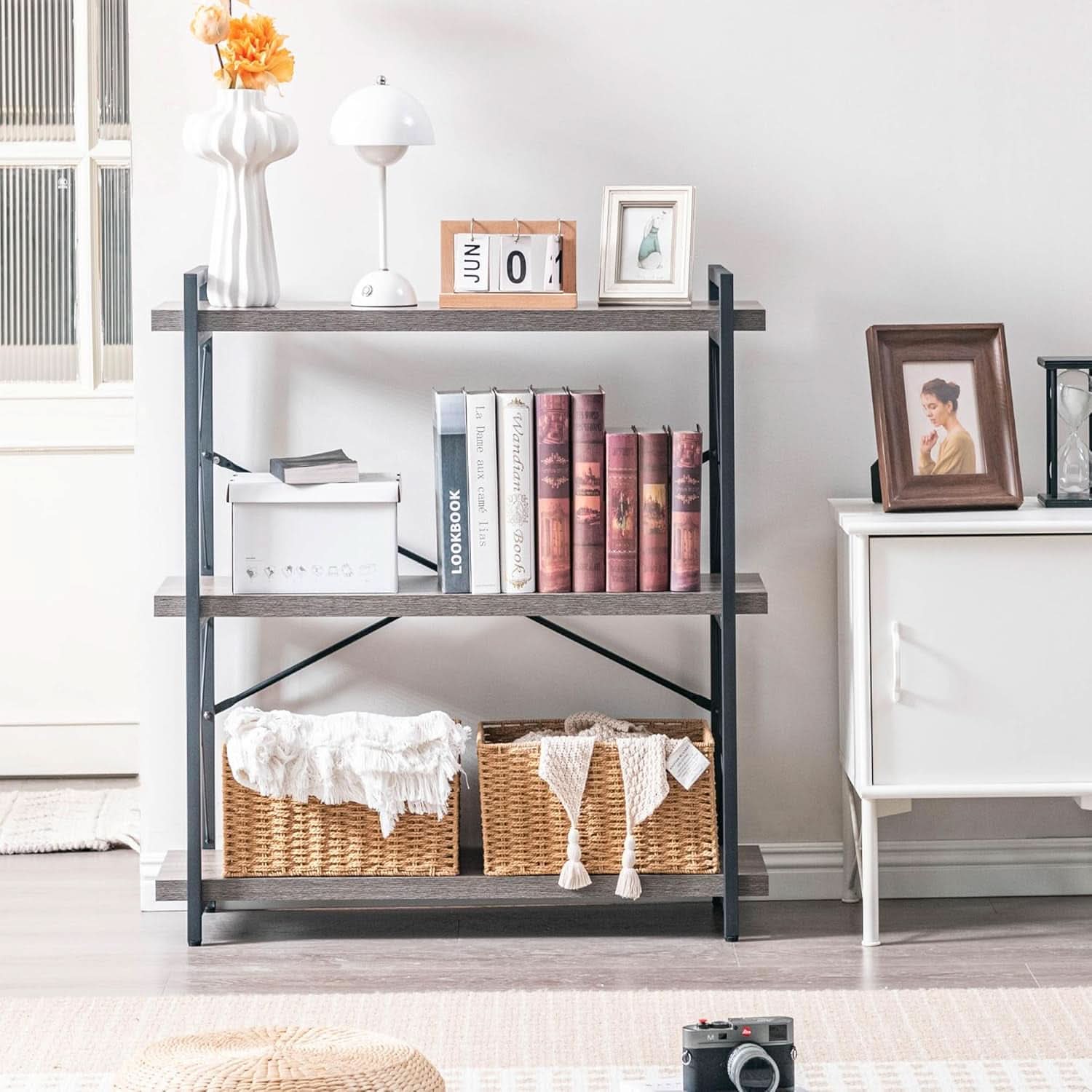 Three Tier Industrial Bookshelf With Rustic Open Metal Frame