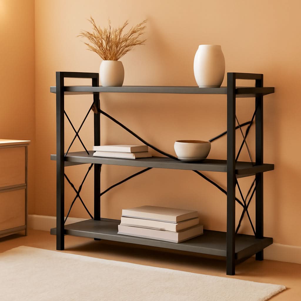 Three Tier Industrial Bookshelf With Rustic Open Metal Frame