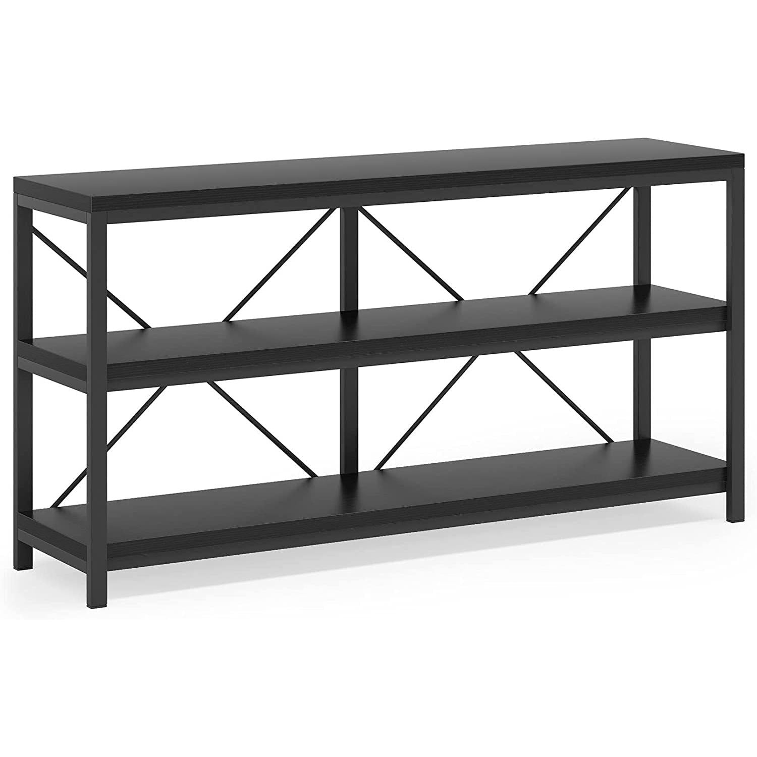 Three Tier Narrow Black Sofa Table With Storage Shelves