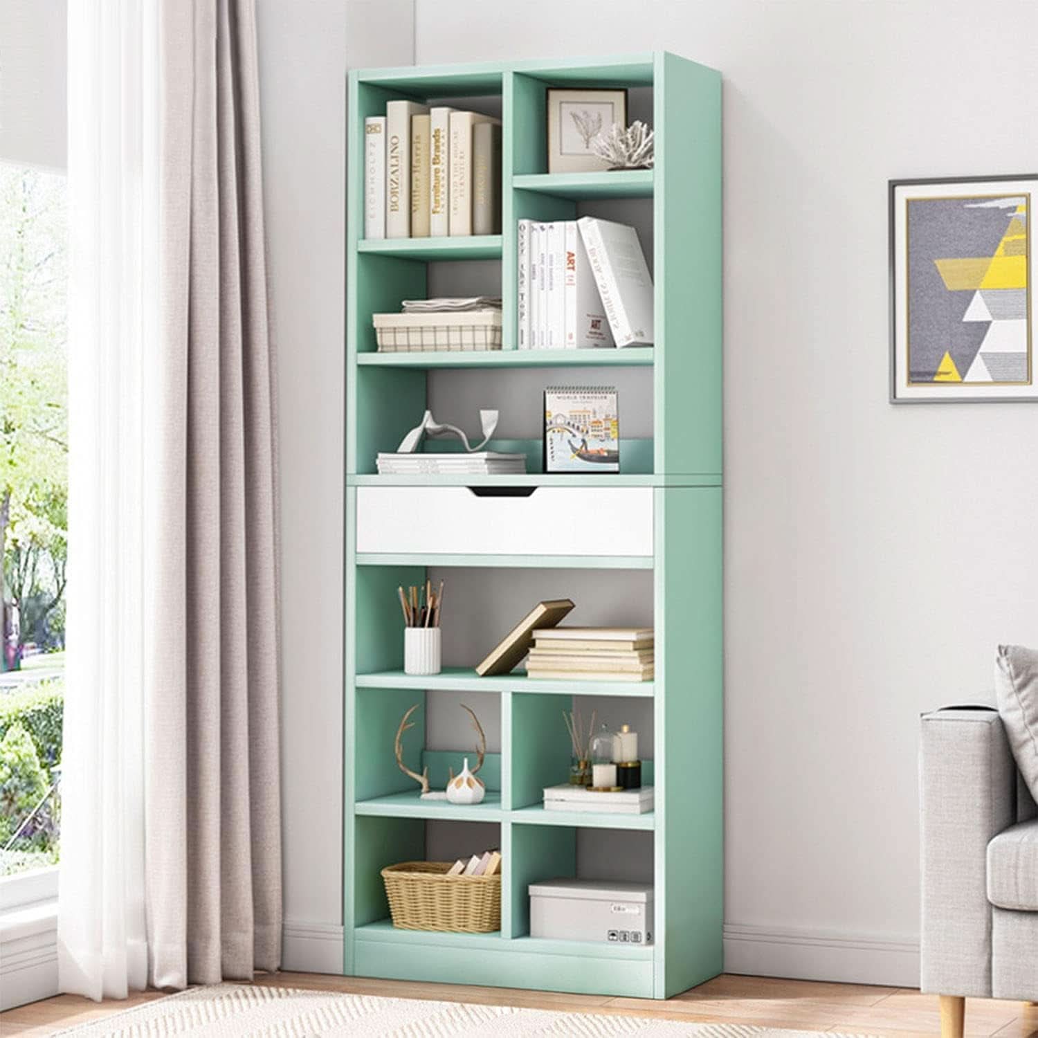 Tiffany Green Ten Cube Wooden Freestanding Bookshelf With Drawer 71 Inch Tall Open Shelf Unit