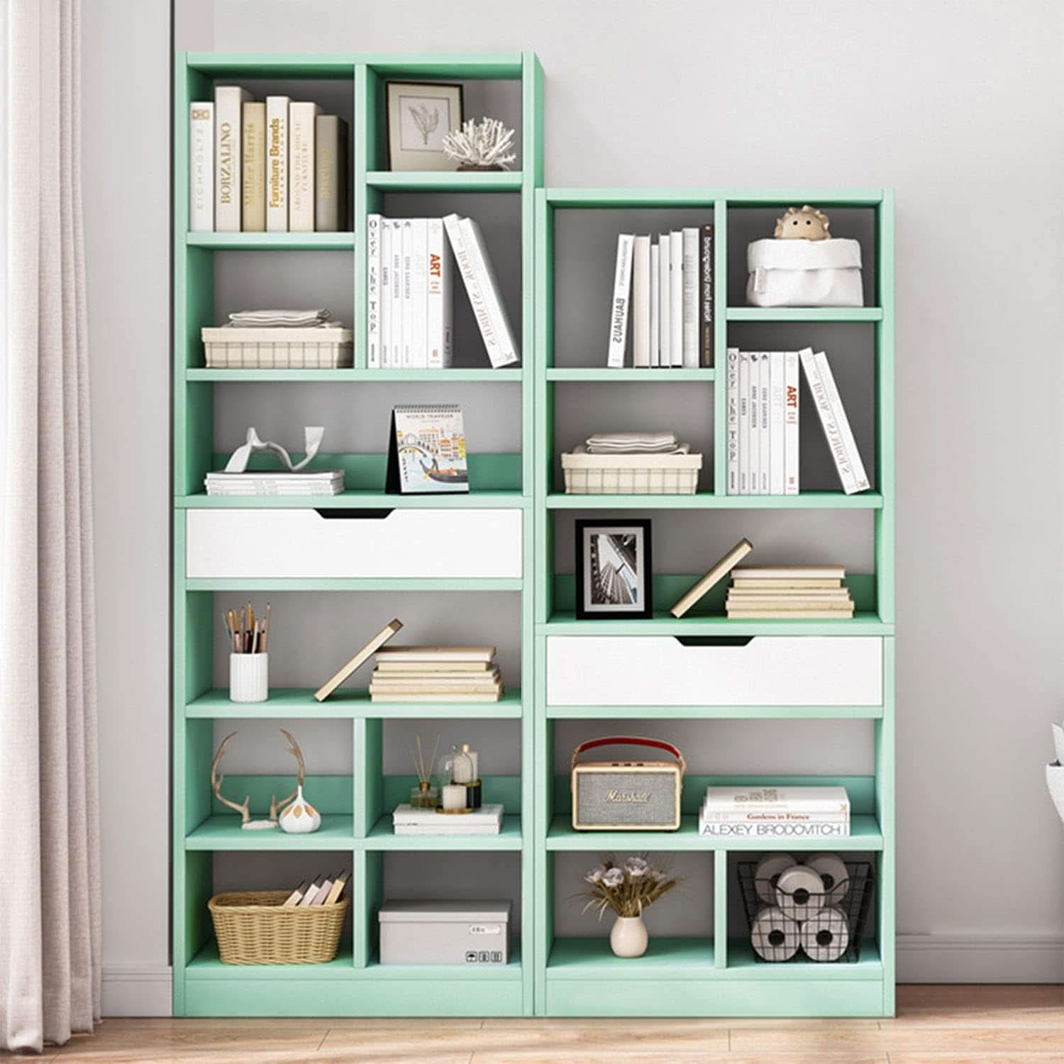 Tiffany Green Ten Cube Wooden Freestanding Bookshelf With Drawer 71 Inch Tall Open Shelf Unit