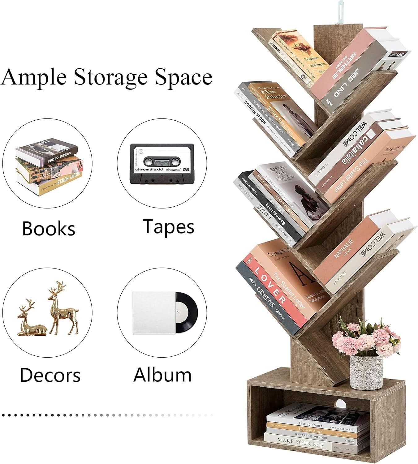 Tree Bookshelf 6 Tier Greige Freestanding Floor Display