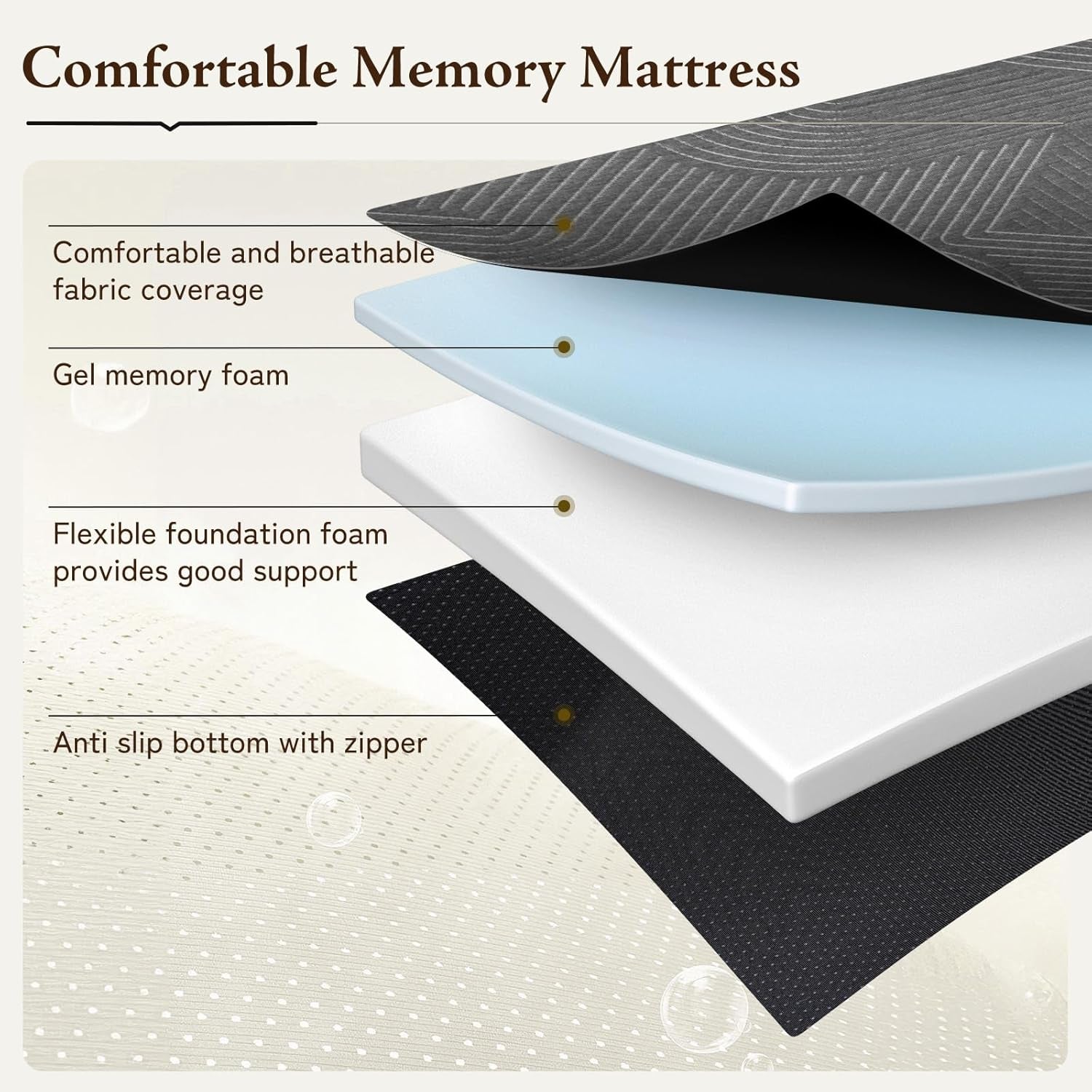 Tri Folding Memory Foam Mattress Twin Size 6 Inch With Non Slip Bottom
