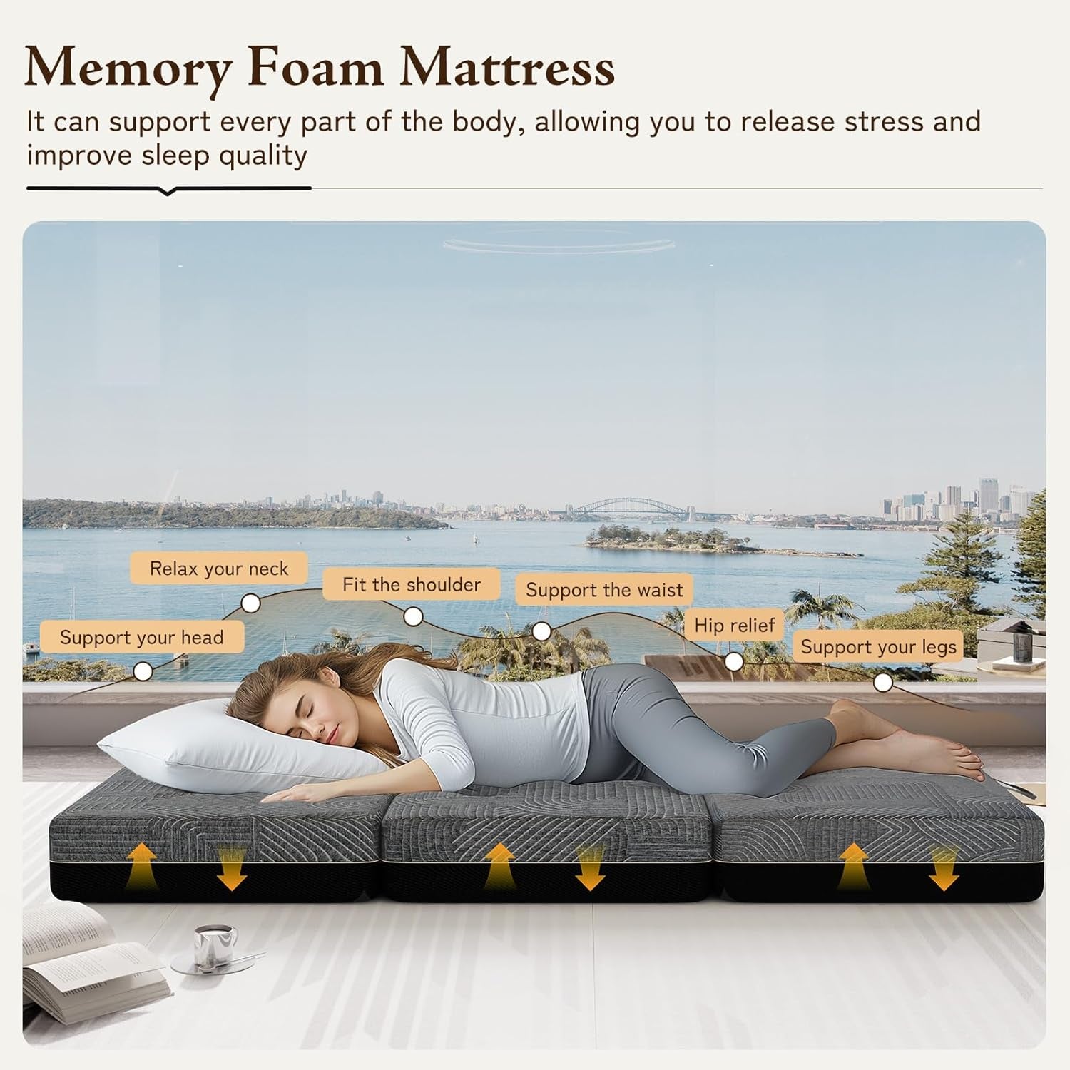Tri Folding Memory Foam Mattress Twin Size 6 Inch With Non Slip Bottom