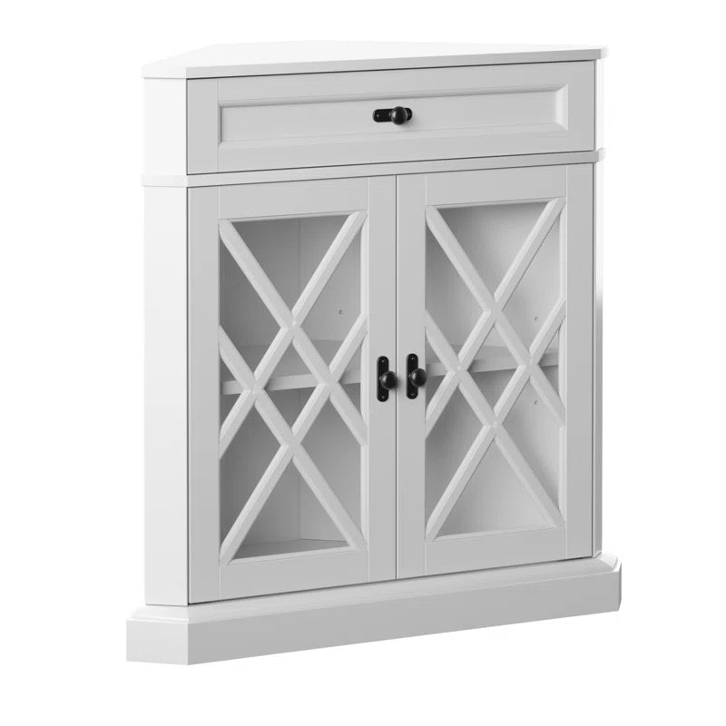 Triangular Corner Accent Cabinet With Drawer Glass Doors