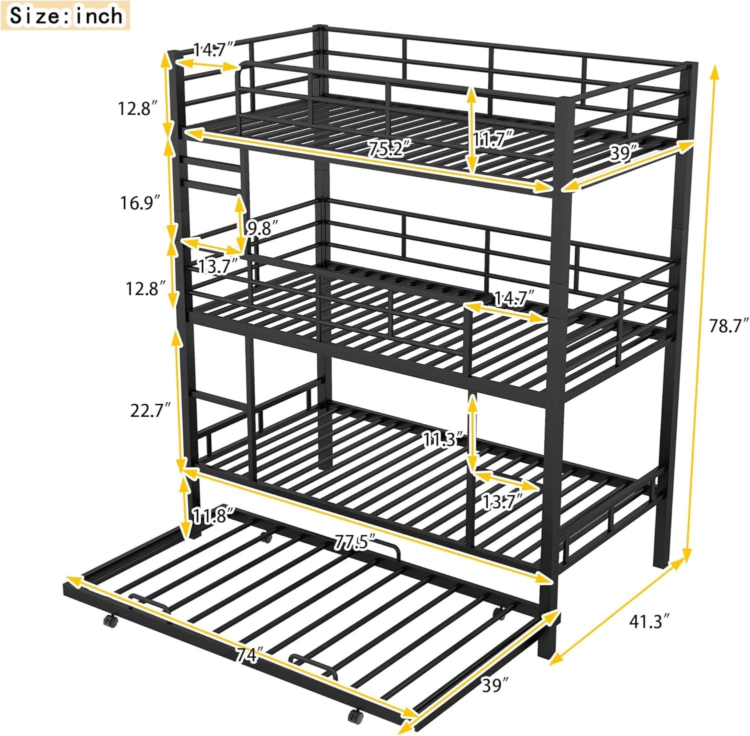 Triple Bunk Bed Twin Size With Trundle For Kids Room