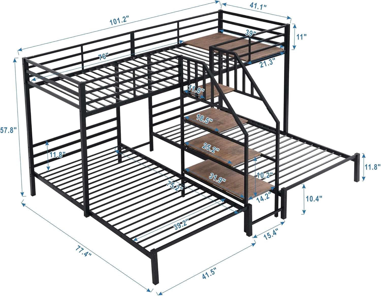 Triple Bunk Bed with Storage Stairs Black Metal Twin Over Twin