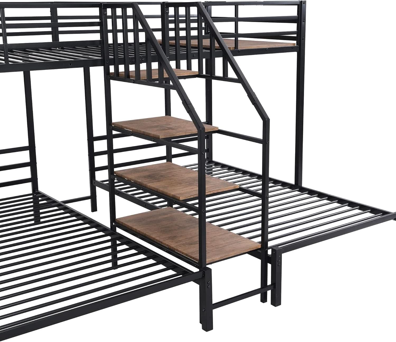 Triple Bunk Bed with Storage Stairs Black Metal Twin Over Twin