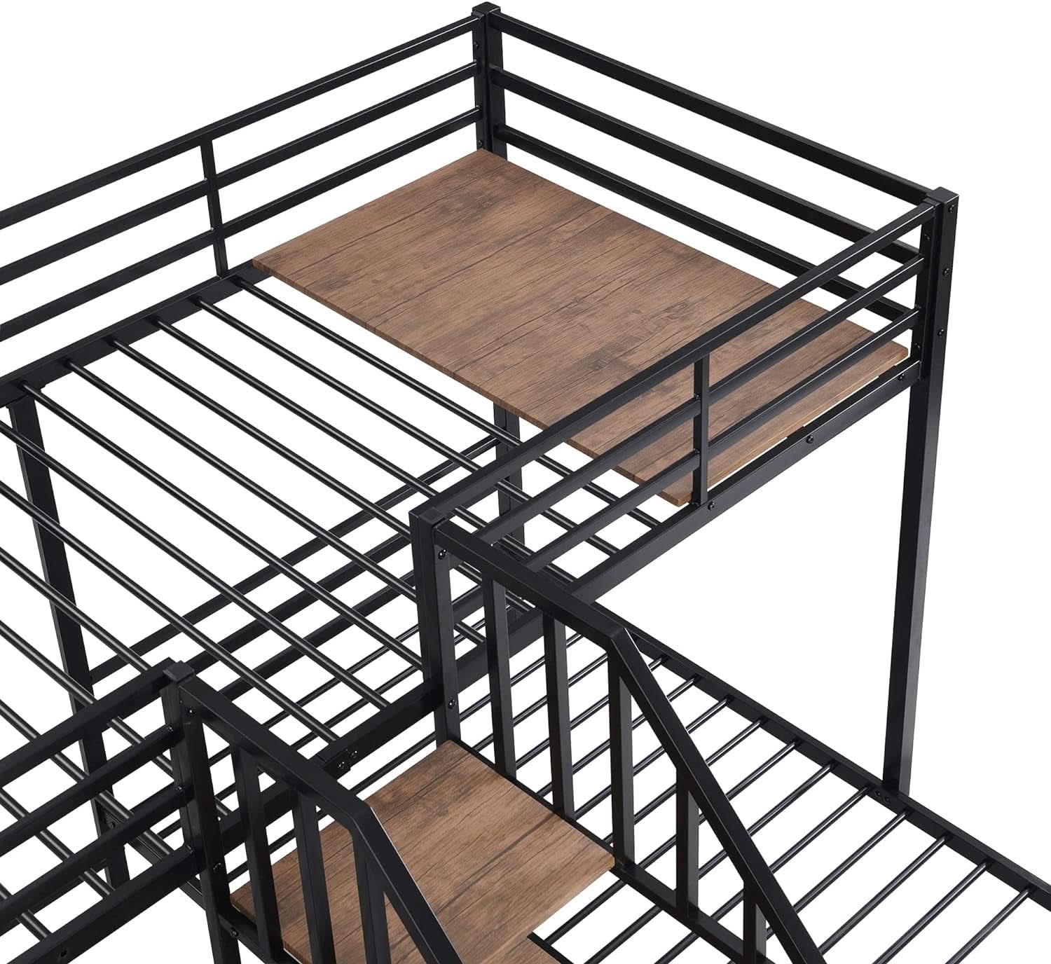 Triple Bunk Bed with Storage Stairs Black Metal Twin Over Twin