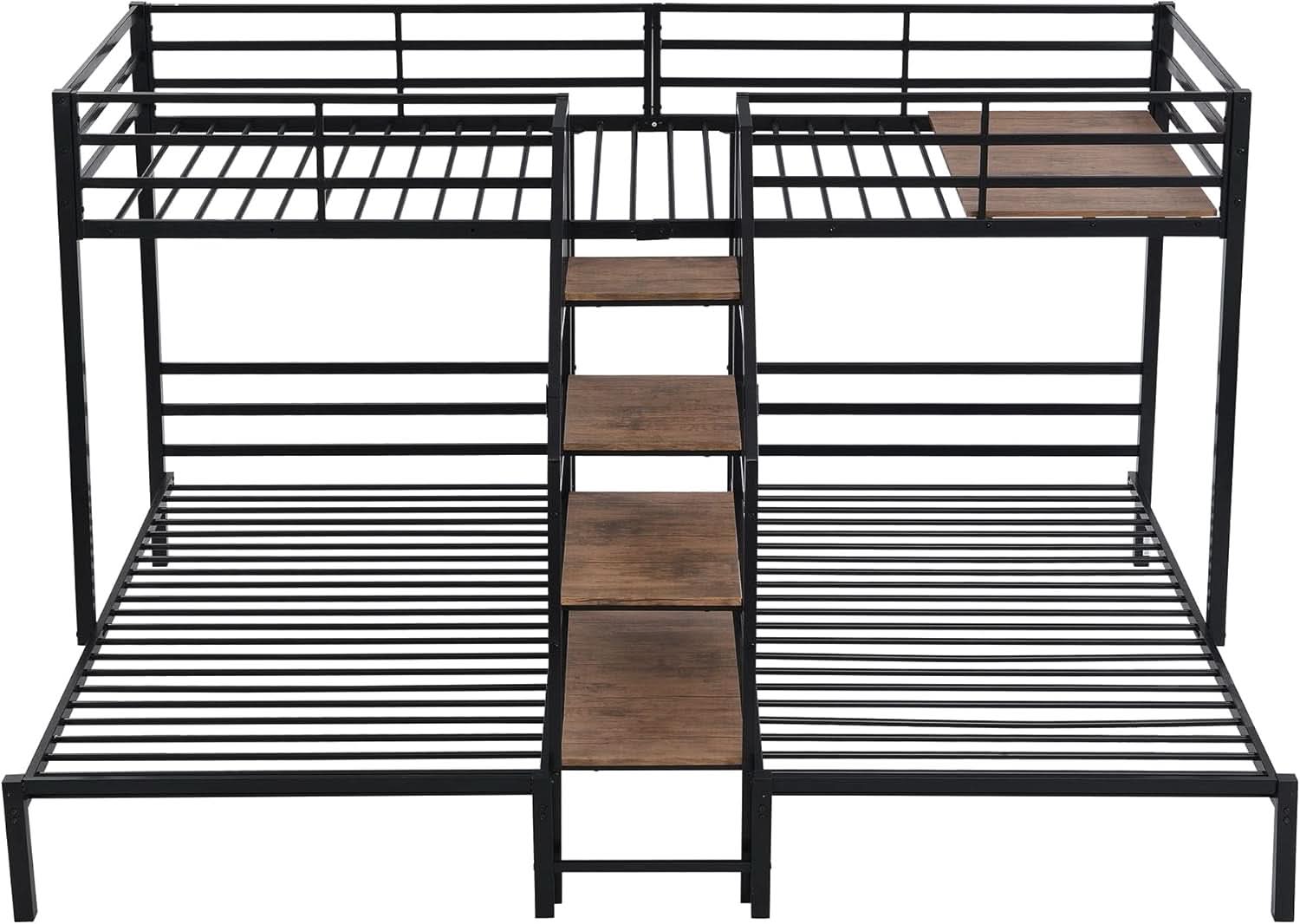 Triple Bunk Bed with Storage Stairs Black Metal Twin Over Twin