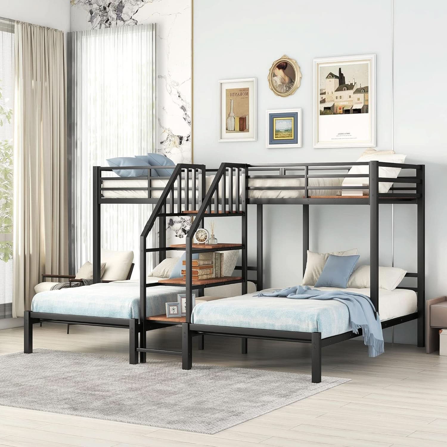 Triple Bunk Bed with Storage Stairs Black Metal Twin Over Twin