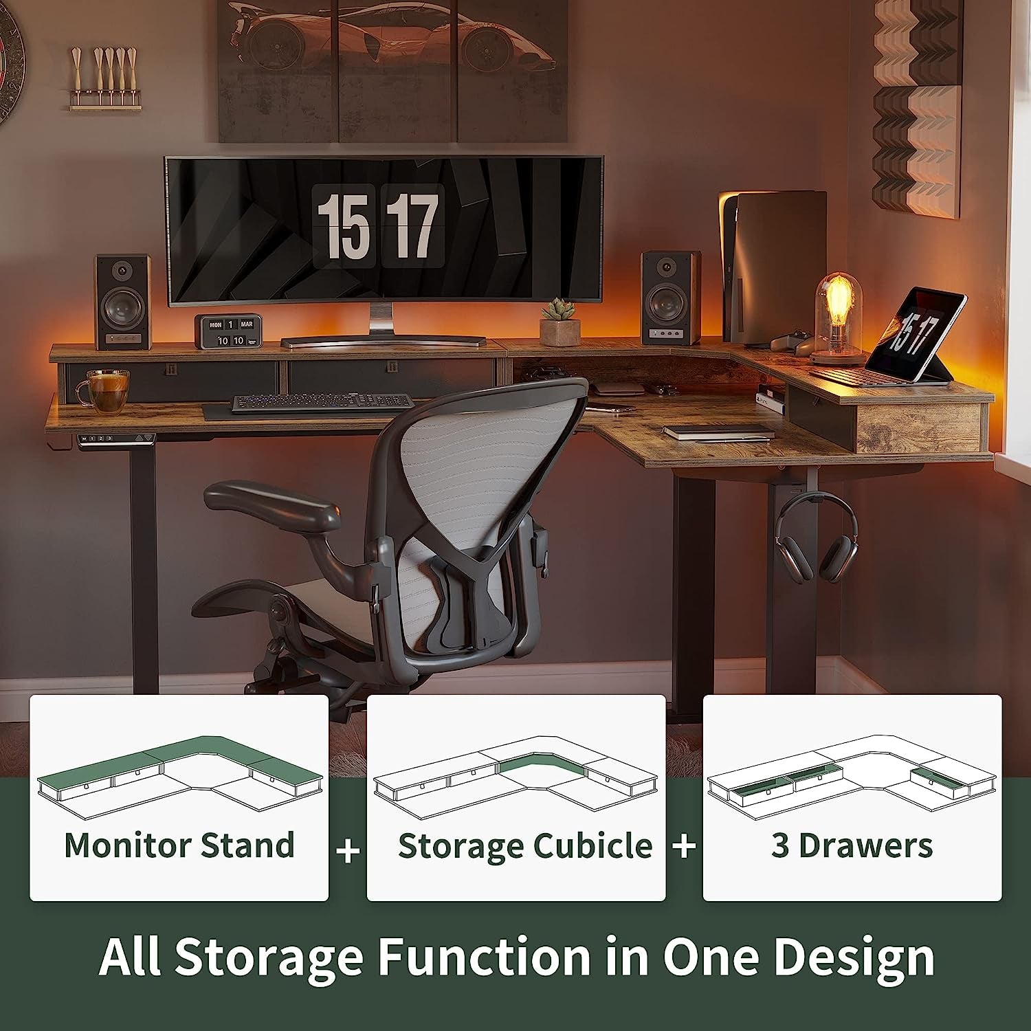 Triple Motor Standing Desk L Shaped Rustic Brown 63 Inch
