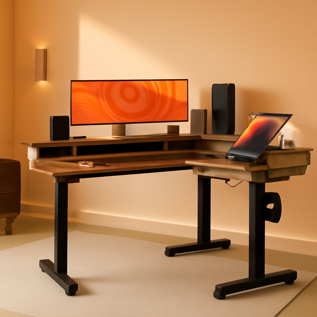 Triple Motor Standing Desk L Shaped Rustic Brown 63 Inch