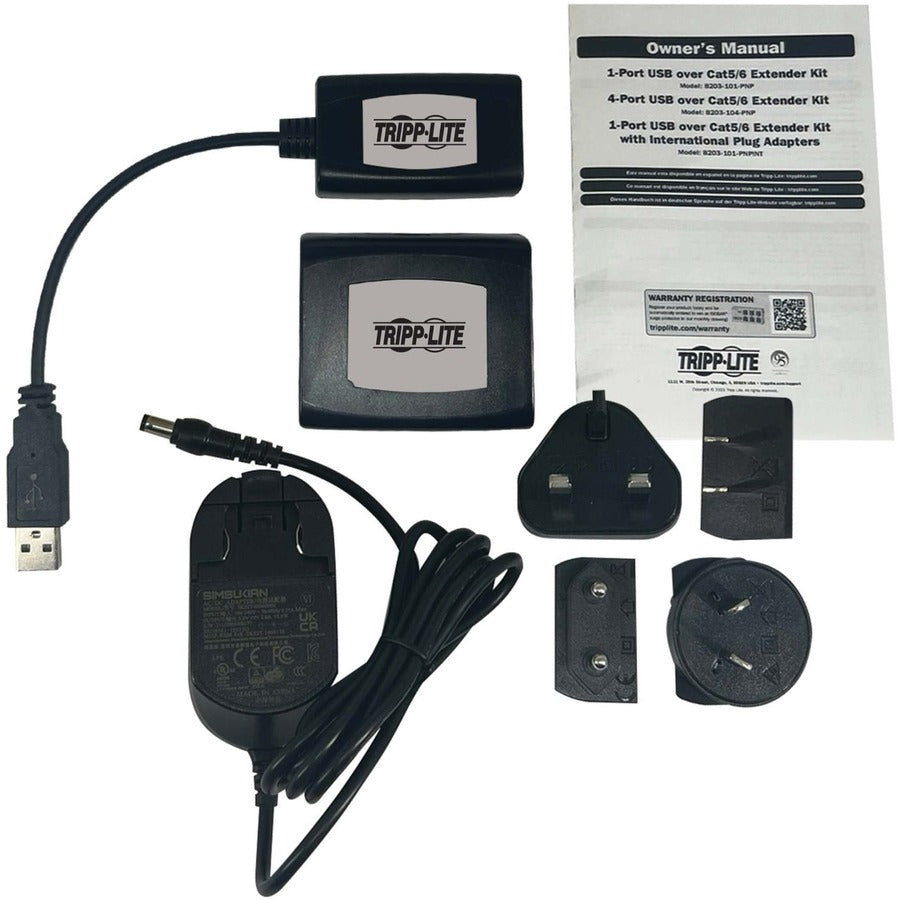 Tripp Lite 1-Port Usb Over Cat5/Cat6 Extender Kit - Plug And Play, International Plug Adapters, 164 Ft. (50 M)