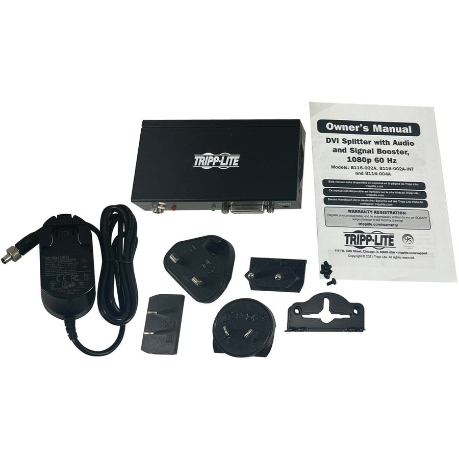 Tripp Lite 2-Port Dvi Splitter With Audio And Signal Booster, Single-Link 1080P @ 60 Hz (Dvi-D F/2Xf), International Plug Adapters, Taa
