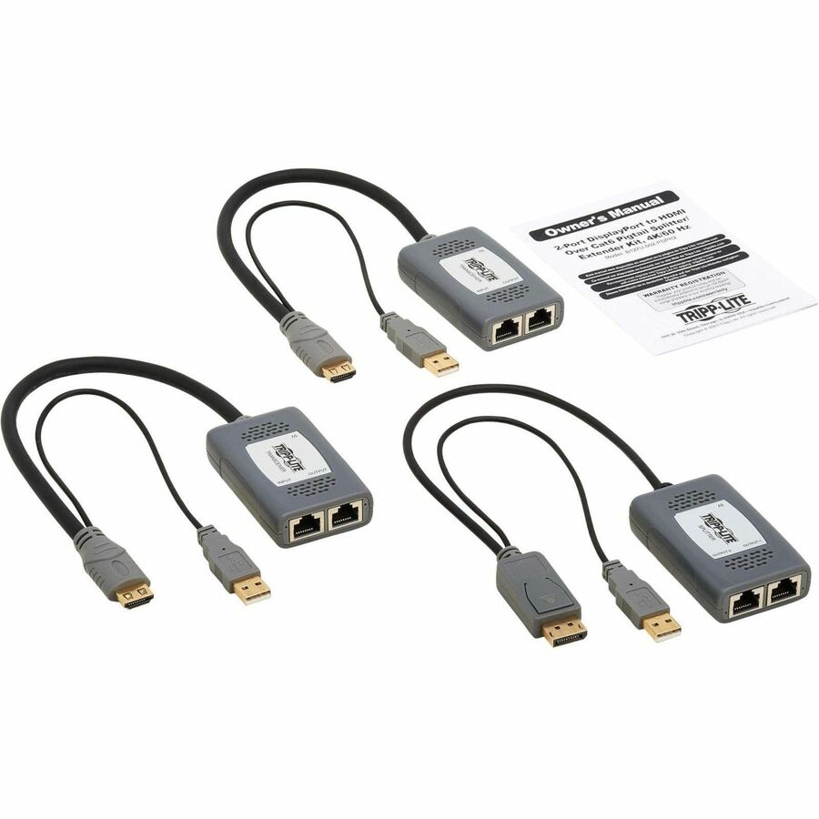 Tripp Lite 2-Port HDMI over Cat6 Extender Kit, Pigtail Transmitter/2x Receivers, 4K 60